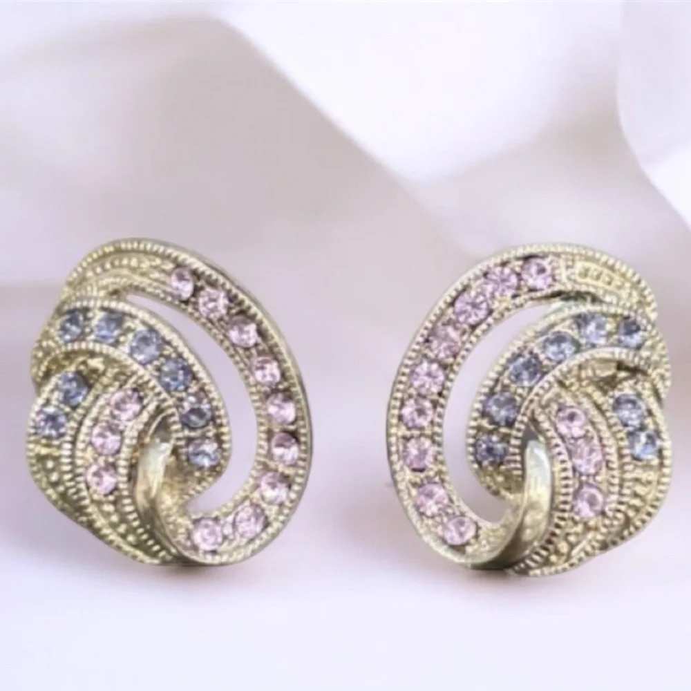 Vintage Earrings Sparkling Pink Purple Crystal Cubic Zirconia Formal Swirl Knot - Picture 3 of 16